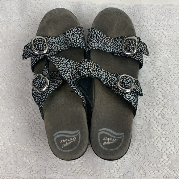 Dansko Leather wedge Sandals Adjustable Buckle strap iridescent black gray Sz 40 - Picture 6 of 12